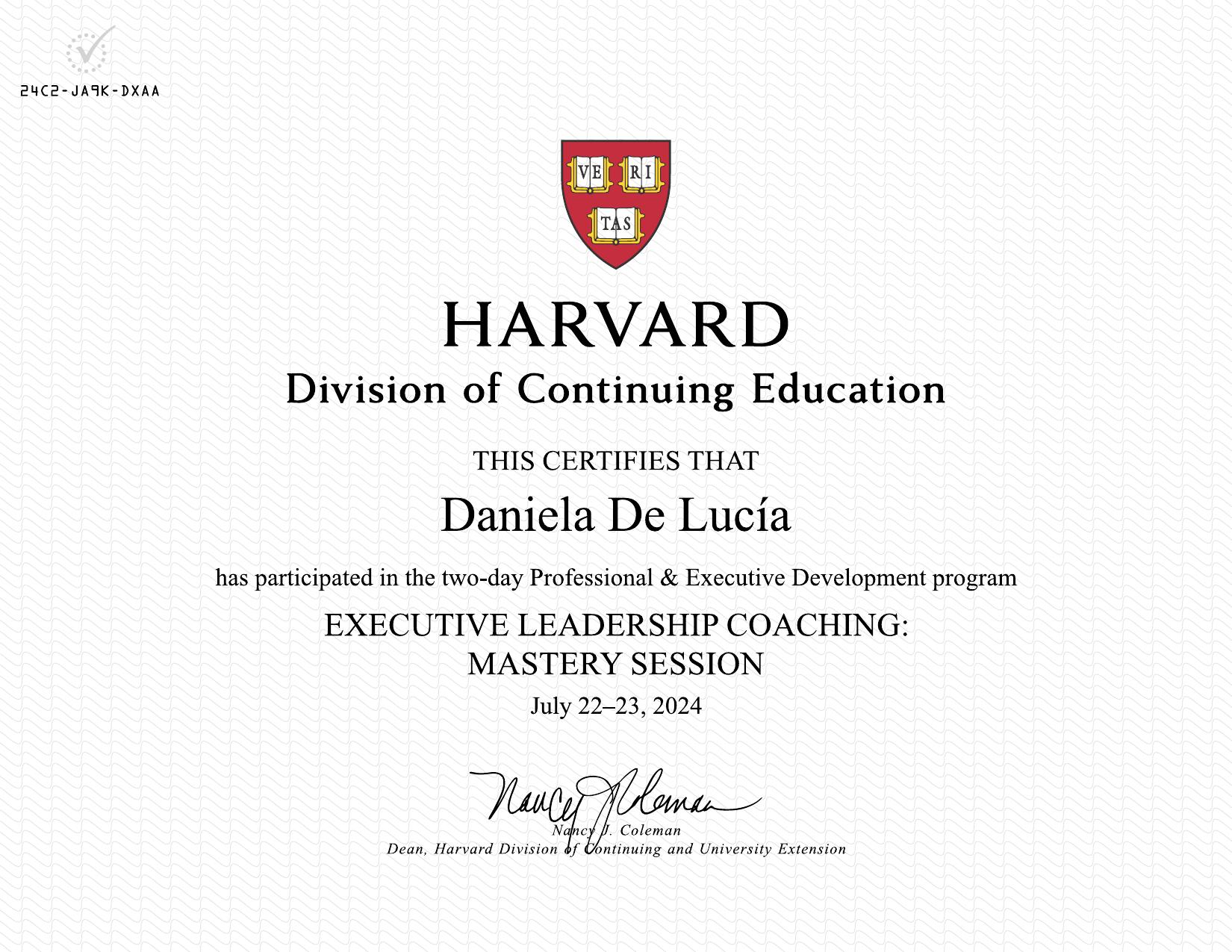 Certificado de Daniela de Lucía — Executive Leadership Coaching: Mastery Session, Harvard Professional & Executive Development